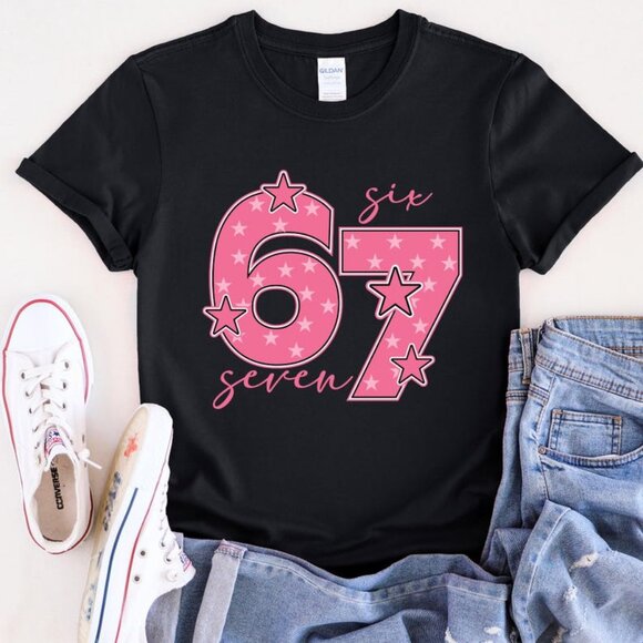 Pink 67 Meme Shirt, Six Seven Trend Tee, Funny Viral Number shirt 141 - Picture 1 of 5